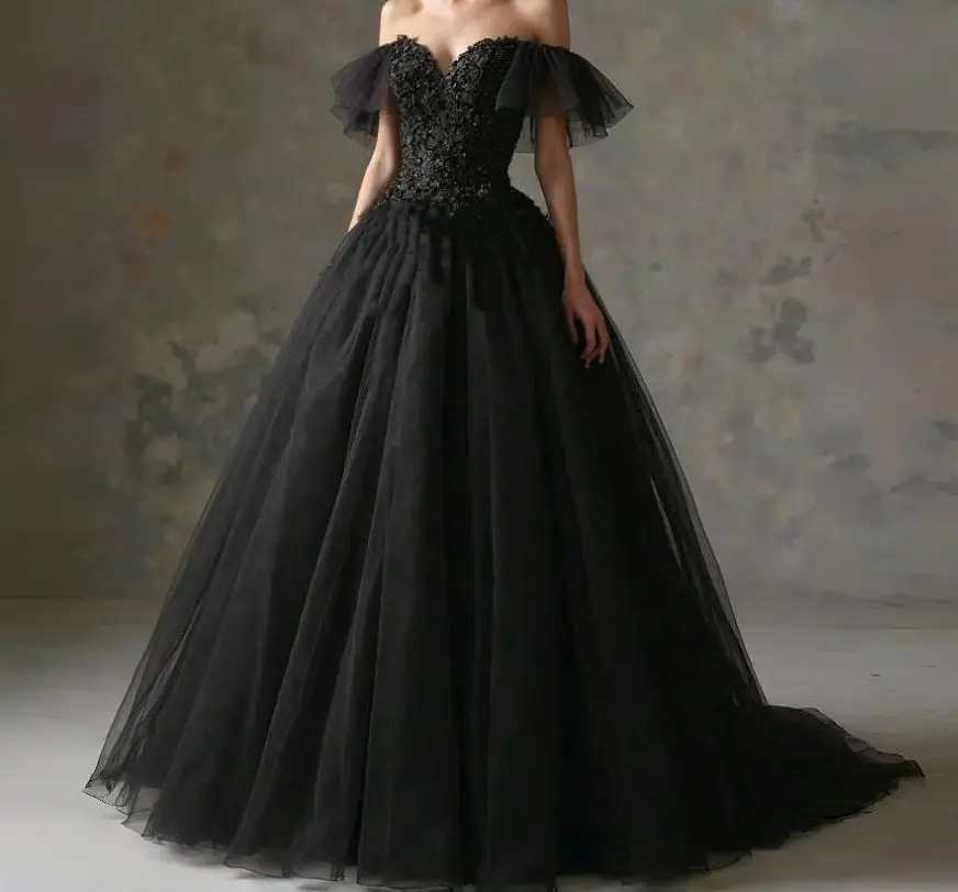 빈티지 블랙 웨딩 드레스 오프 숄더 a 라인 고딕 신부 가운 레이스 아플리케 긴 vestidos de novia 맞춤형