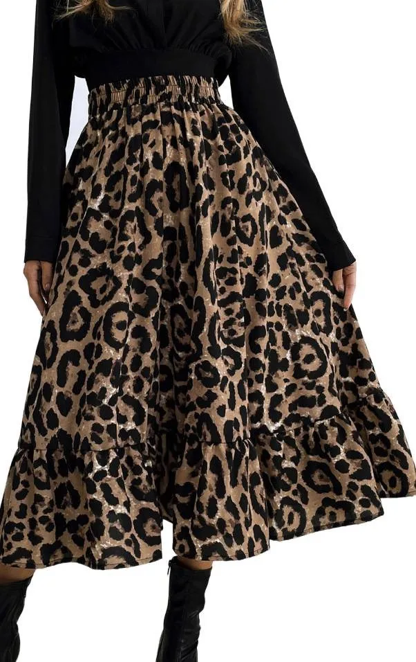 Western Style Skirt Cotton Blend Dyed Full Swing Skirts Leopard Print High Waist A Line Midi Maxi Skirt Ruffle Hem Black And