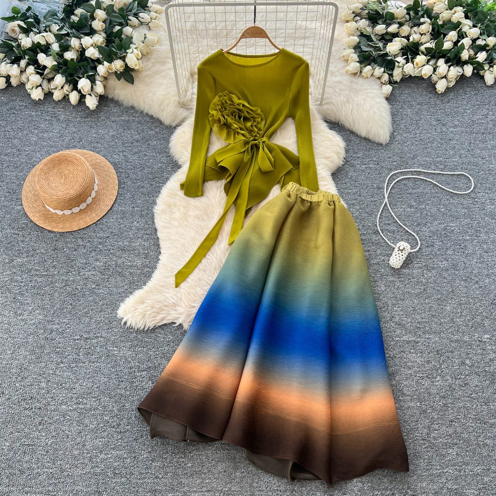 

2025 New High-end Long-sleeved Three-dimensional Flower Streamer Top + Gradual Change of Color Elastic Waist Skirt Set Female