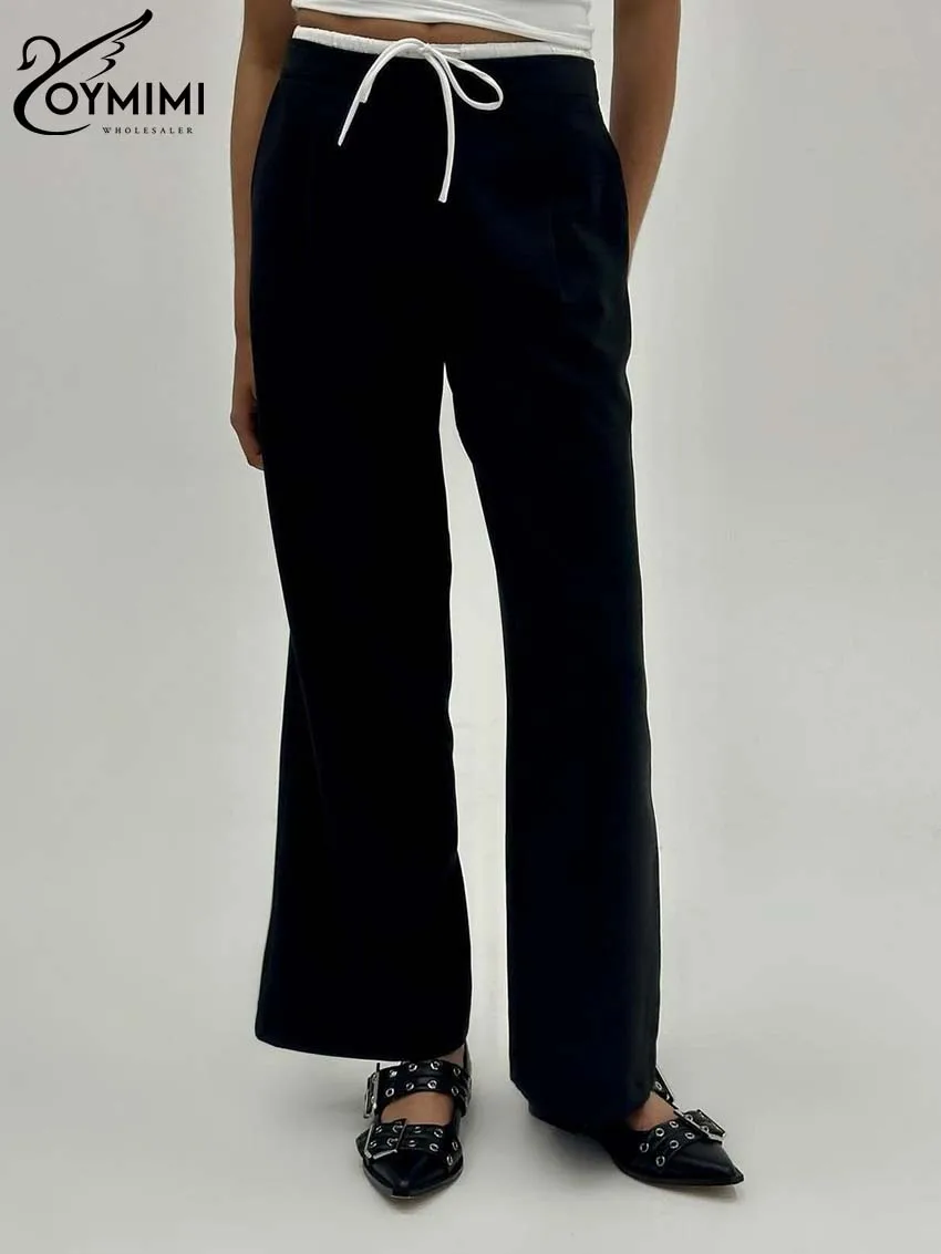 Oymimi-Pantalon bleu marine pour femme, mode décontractée, proximité wstring, droit, fjautomne, élégant, patchwork, poches, streetwear