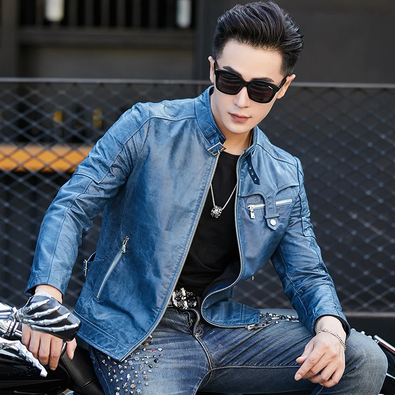 Fashion Youth Real Sheepskin Casual Leather Coat Men's Boutique Motorcycle Genuine Leather Blue Black Stand Collar Jacket Men