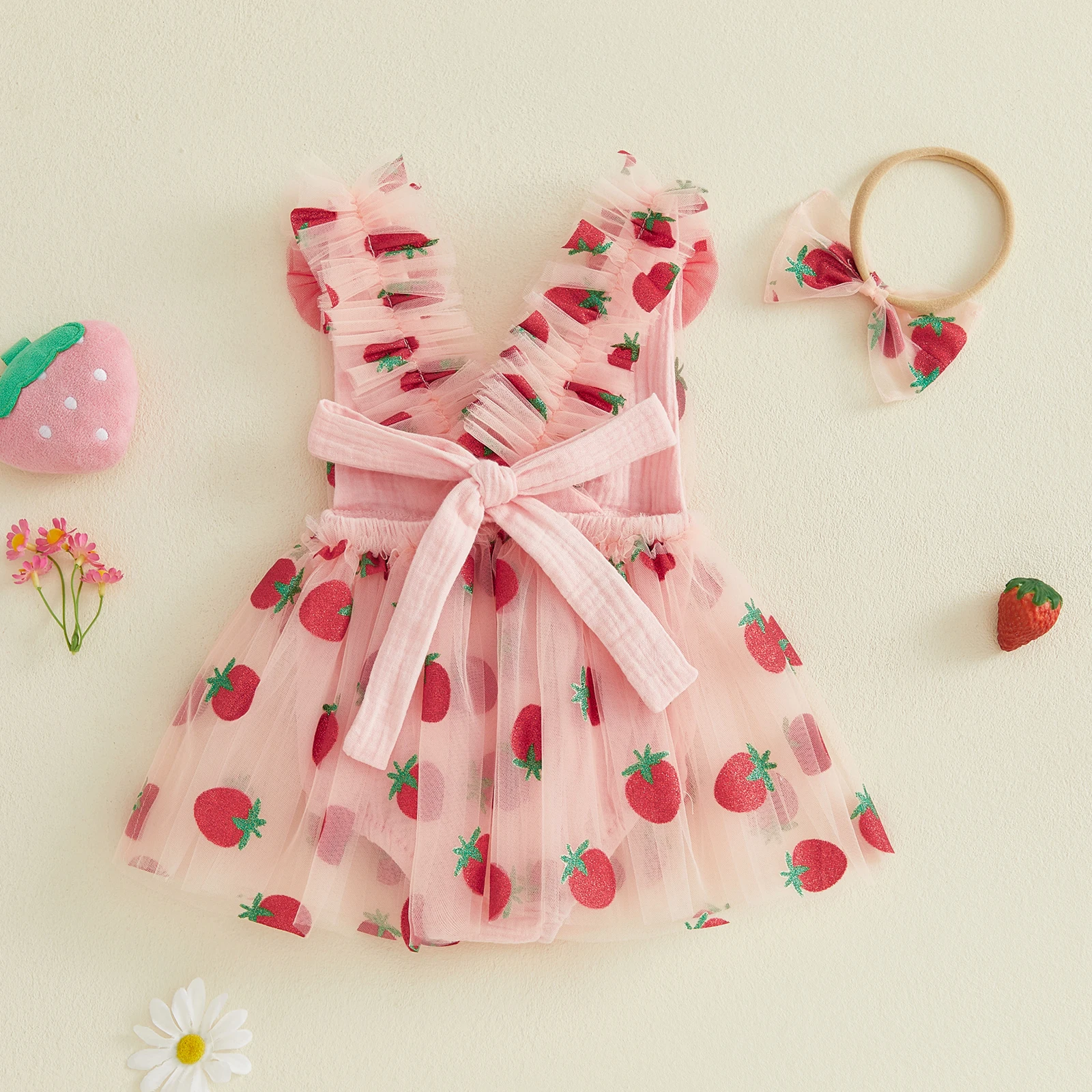 Infant Baby Girl Bodysuits Skirt Outfit Sleeveless V Neck Glitter Strawberry Print Tulle Romper Dress Bow Headband Set