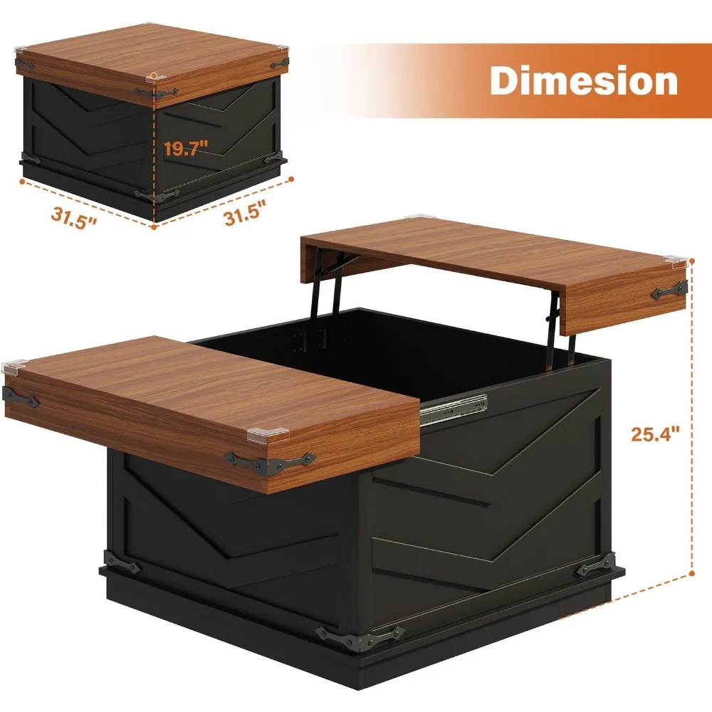 Table basse relevable de 31,5 pouces avec centre carré coulissant et grand rangement caché