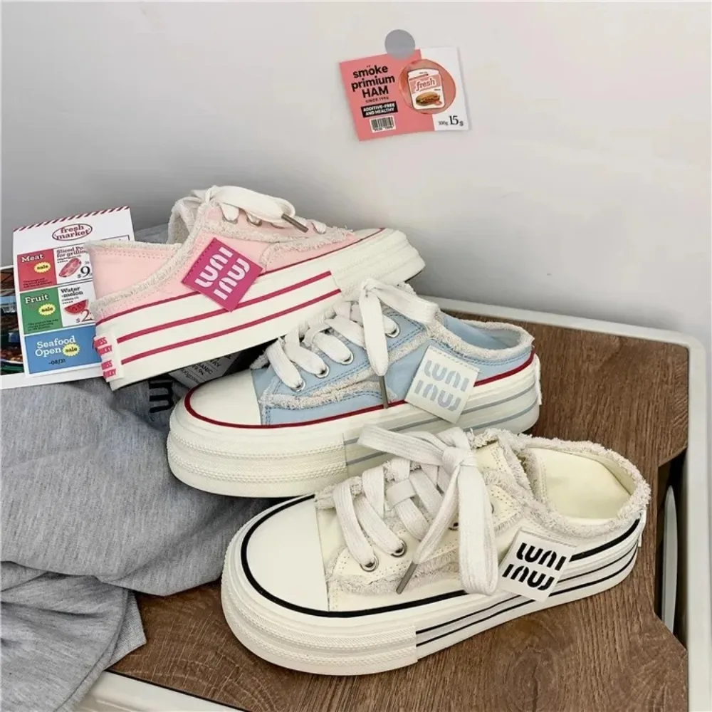 

New Casual Height Increasing Platform Canvas Shoes Women platform Outer White Sneakers Slipper Slip on Sandals Vulcanize Shoes