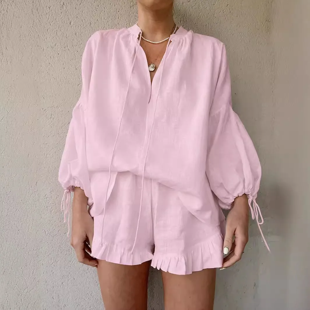 Summer Women's Suit Shorts 2 Piece Set V Neck Short Pants High Waist Light Blue Capri Pants Pink Woman Matching