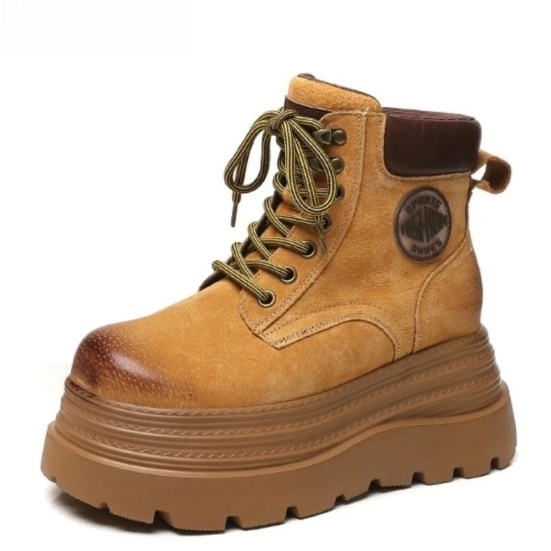 

9cm High Genuine Leather Platform Women Short Boots Fashion Comfort Woman Mid Calf Ankle Boot Thick Sole Women Shoes Botas Mujer