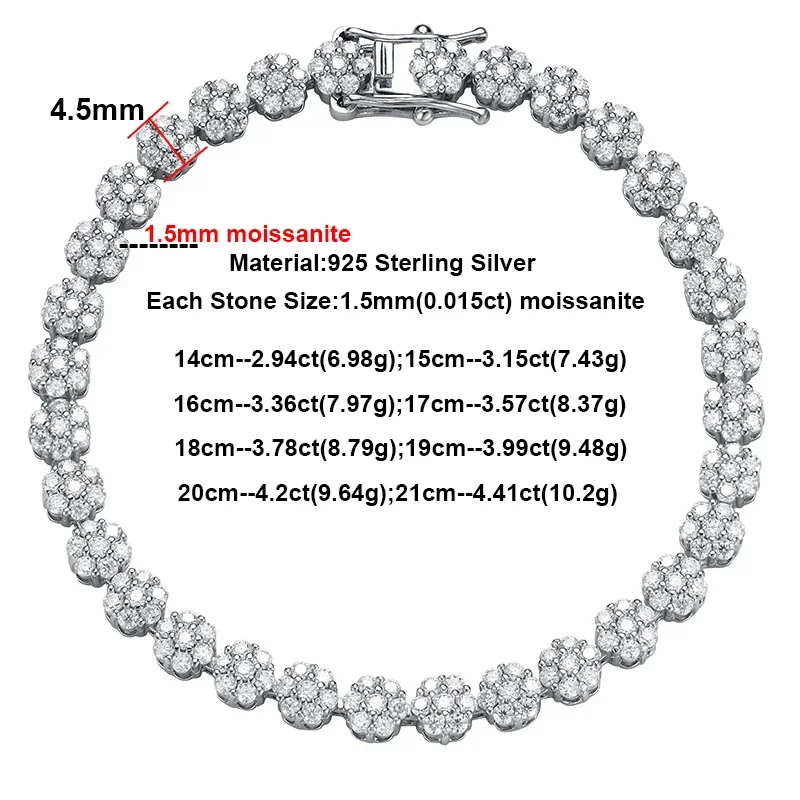 GRA Certified 4.5mm Flower Shape Moissanite Tennis Bracelets for Women 925 Sterling Silver Plated 18k Gold Wedding Jewelry Gifts