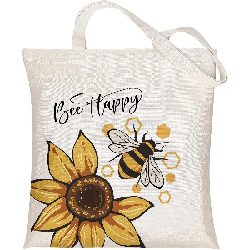 

Хлопковая сумка-шоппер для женщин с милым принтом подсолнухов и пчел, эстетичная, многоразовая, для покупок, подарок для женщин.