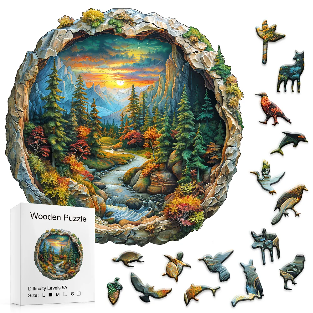 Round Cave Valley Scenery Wooden Puzzle Irregular Jigsaw Puzzle Nature Mountain Art Puzzle Creative Gift For Adults