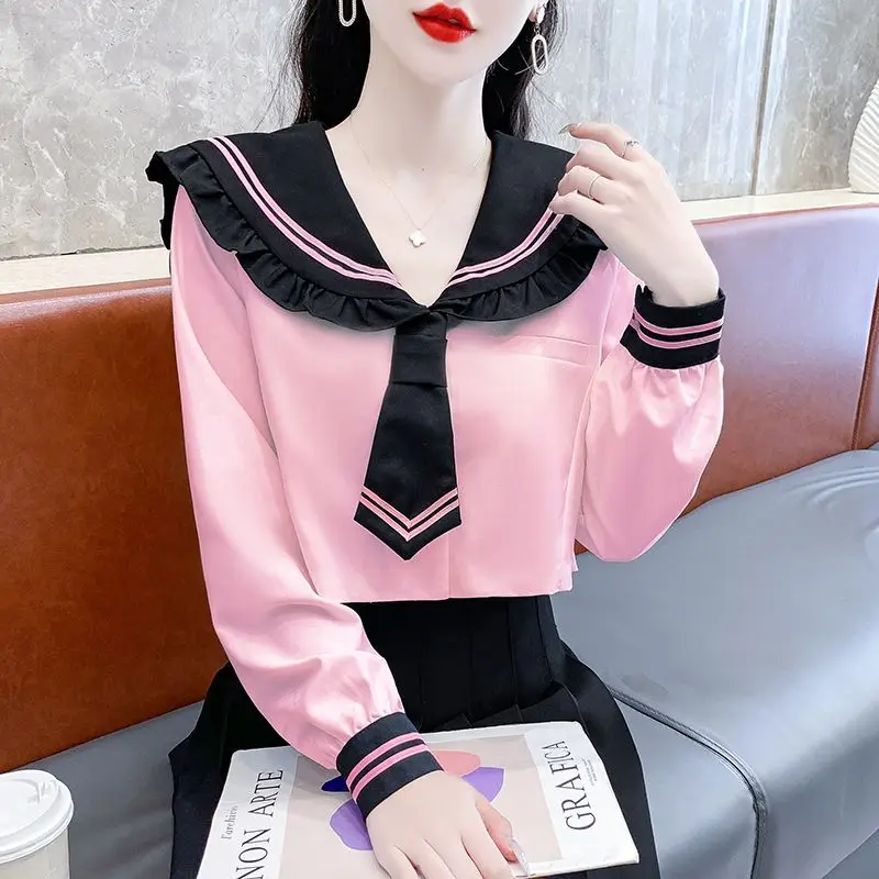 Navy Collar Shirt New Women\'s Long Sleeved Autumn Fashion Beautiful Little Shirt Chic and Stylish Anti-aging Short Top