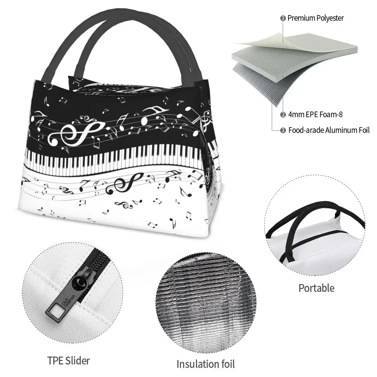 Aesthetic Piano Keys Lunch Bags Accessories Insulated Oxford Cooler Musical Notes Pianos Music Thermal Food Picnic Lunch Box