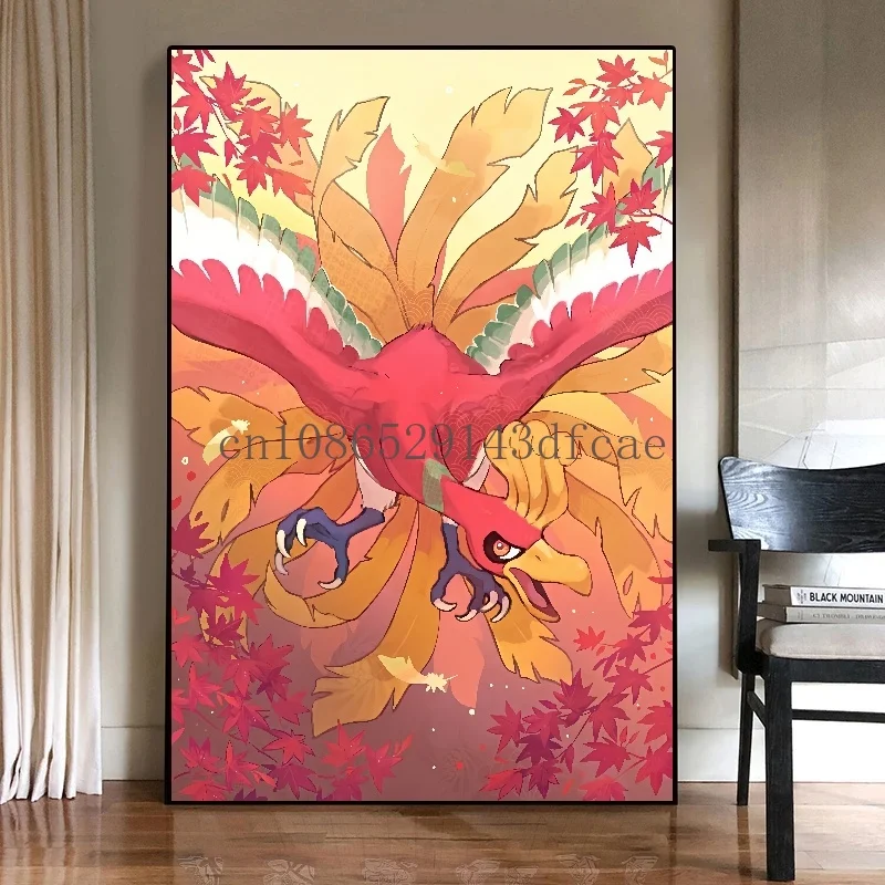 Classic Japanese Anime Peripheral Pokemon Poster Decor Ho-Oh Wall Art Watercolor Canvas Painting Modern Room Decor Picture Gifts