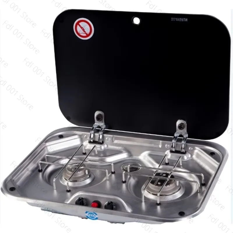RV Gas Stove With Lid Stainless Steel Double Burner for Camper Trailer Modification