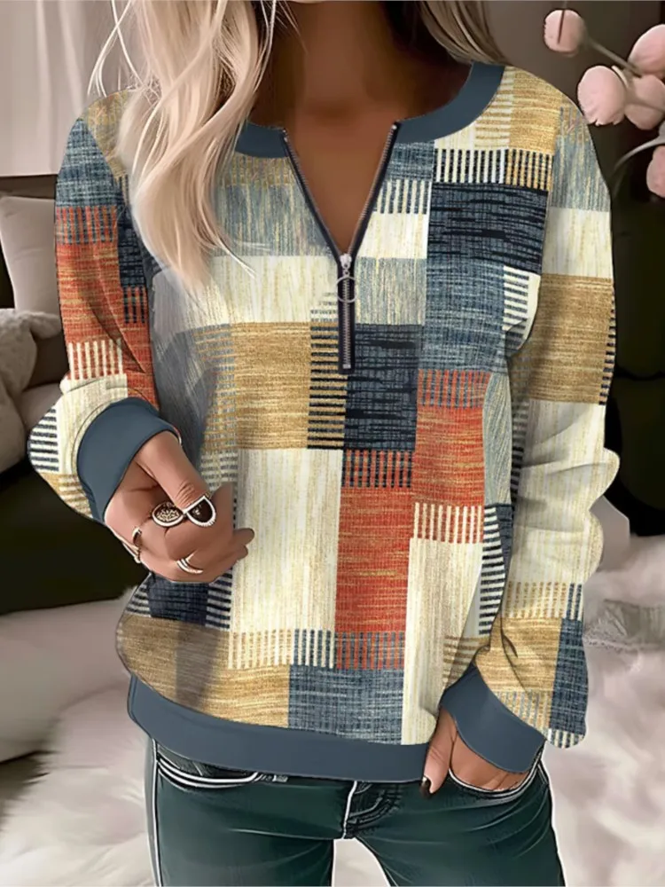 

Sports And Leisure Shirt Women's Top 2025 Autumn Winter New Checkered Flower Print V-neck Zipper Loose Casual T-shirt For Women