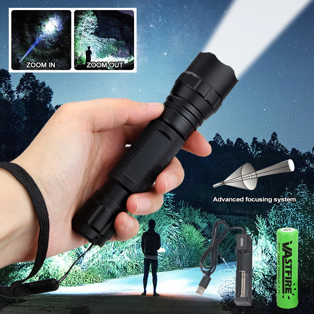 Tactical 300 Yards LED Hunting Flashlight 1000LM Zoomable Focus Torch for Predator Varmint Hog Hunting