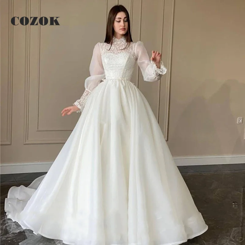 Modesto organza uma linha apliques vestido de casamento do laço puff mangas compridas alta pescoço vestidos de noiva robe de mariage personalizado tg001