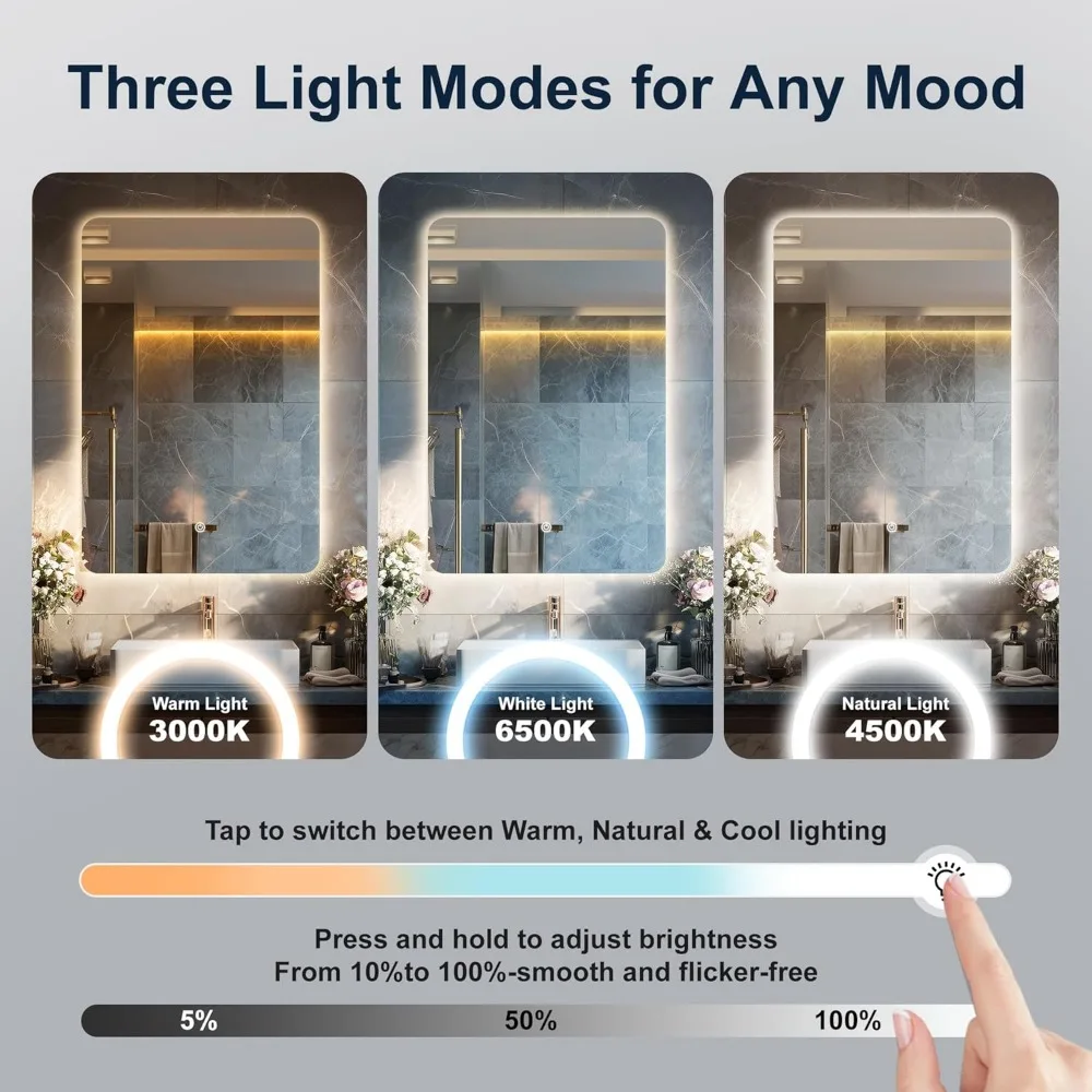 กระจกห้องน้ำ LED ไร้กรอบทรงสี่เหลี่ยมมุมโค้งมน พร้อมไฟที่ปรับความสว่างได้และป้องกันการแตก