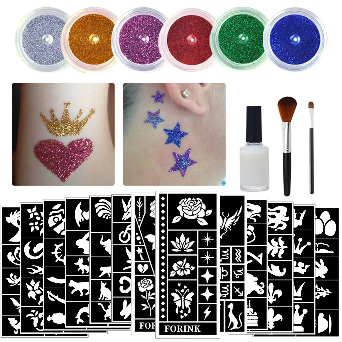 6 latas de polvo de brillo metálico multicolor de gran capacidad y 14 hojas de varios plantillas de plantilla, tatuajes de maquillaje temporal DIY a mano, con pegamento grande y juego de 2 brochas, para fiestas de arte de Halloween, viajes, Navidad, carnaval, cumpleaños