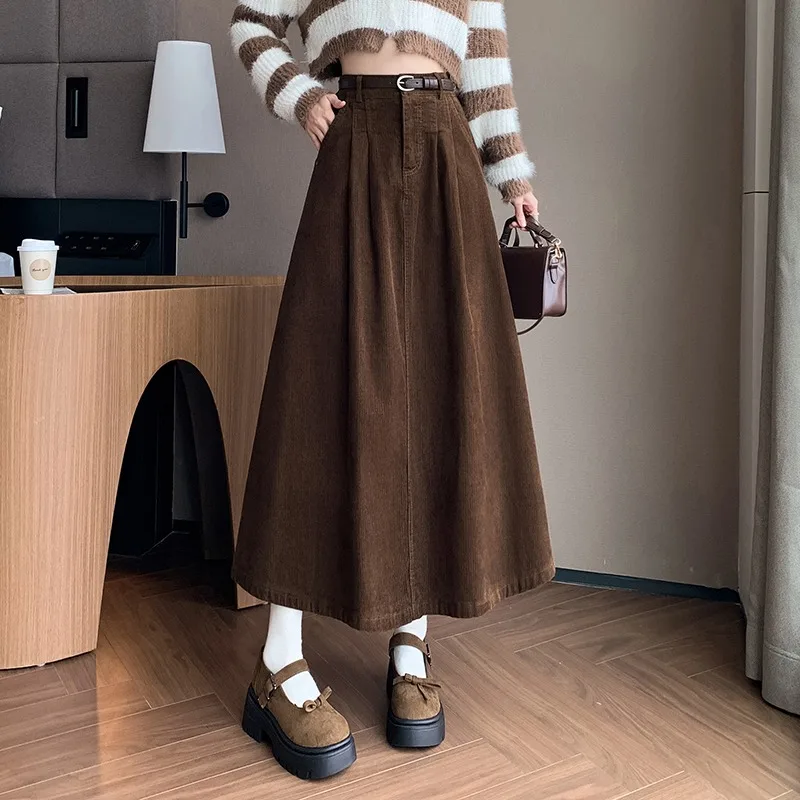 Korean Retro Solid Color Elegant Vacation Long Skirt Women's 2026 Autumn and Winter New High Waist Pleated Thin Corduroy Skirt