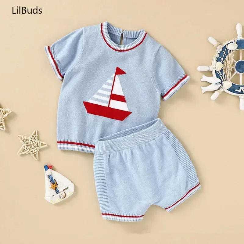 

2025 Baby Clothes Infant Boy Knitted Clothing Sets Summer Toddler Shirt Shorts Suit Boys Party Kids Spanish Boutique Costume