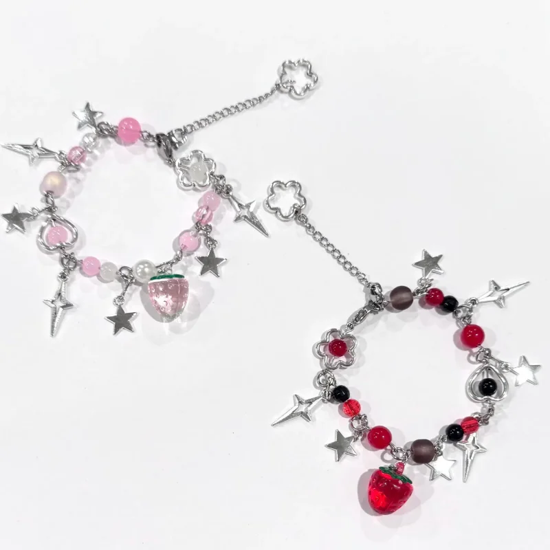 Handmade Nana | Hachi Y2K Strawberry Pendant Bracelet Pink Beaded Anime Friendship Jewelry