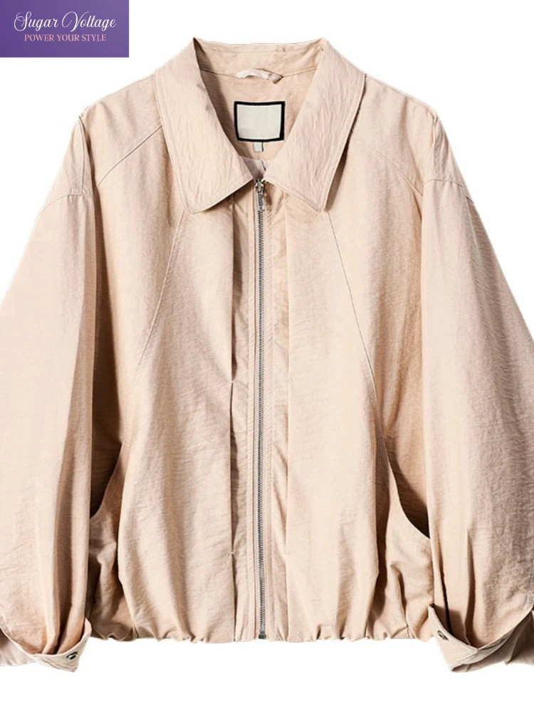 French Minimalist Pink Lapel Zipper Jacket Women Winter Elegant Loose Fit Puff Sleeve Short Coat Chic Light Beige Outerwear