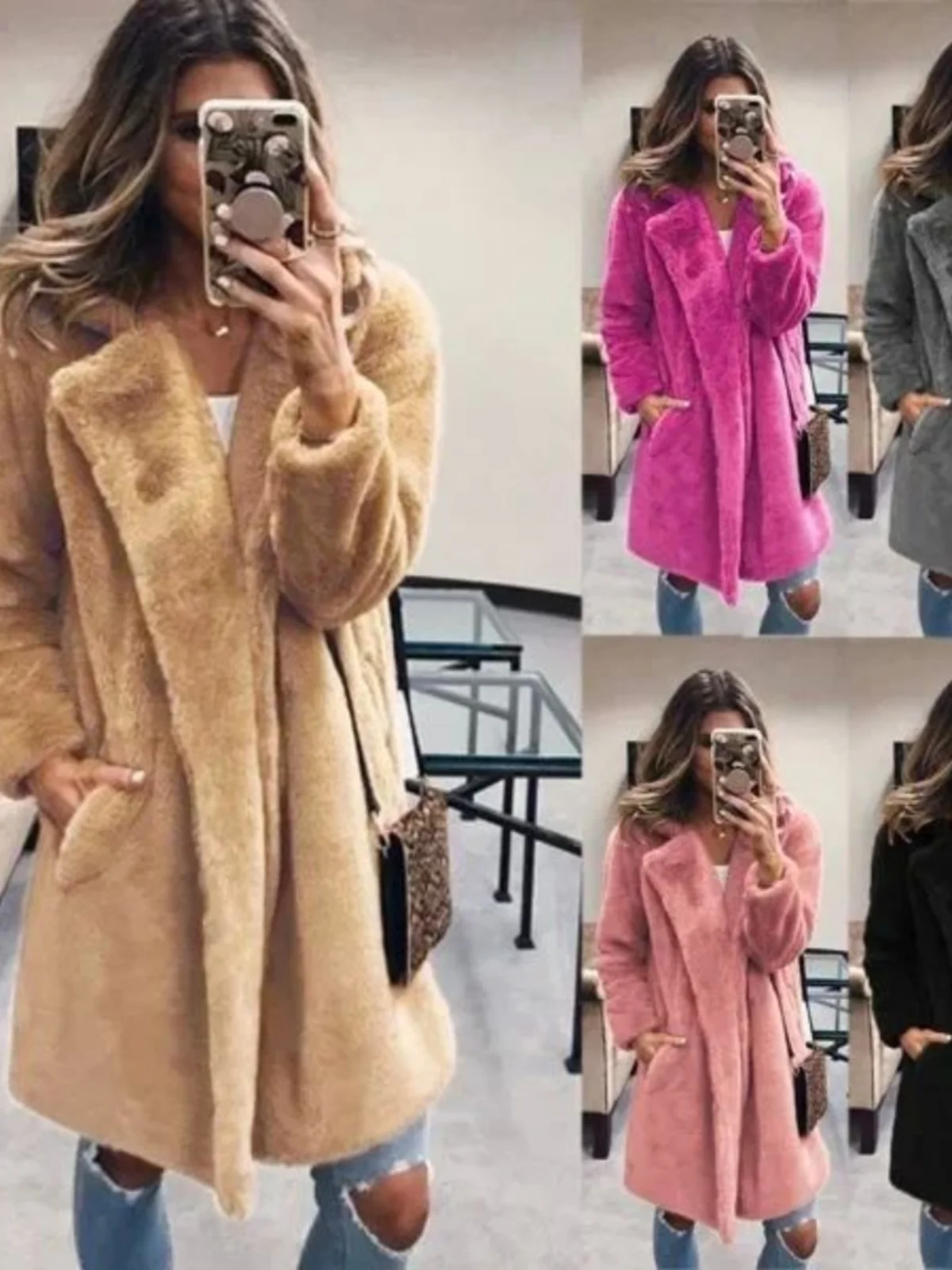 

Casual Collar Medium Long Fur Coat Women's Loose Fit Faion Outerwear Coat Long Sve Pure Color Autumn Season Regular Thic...