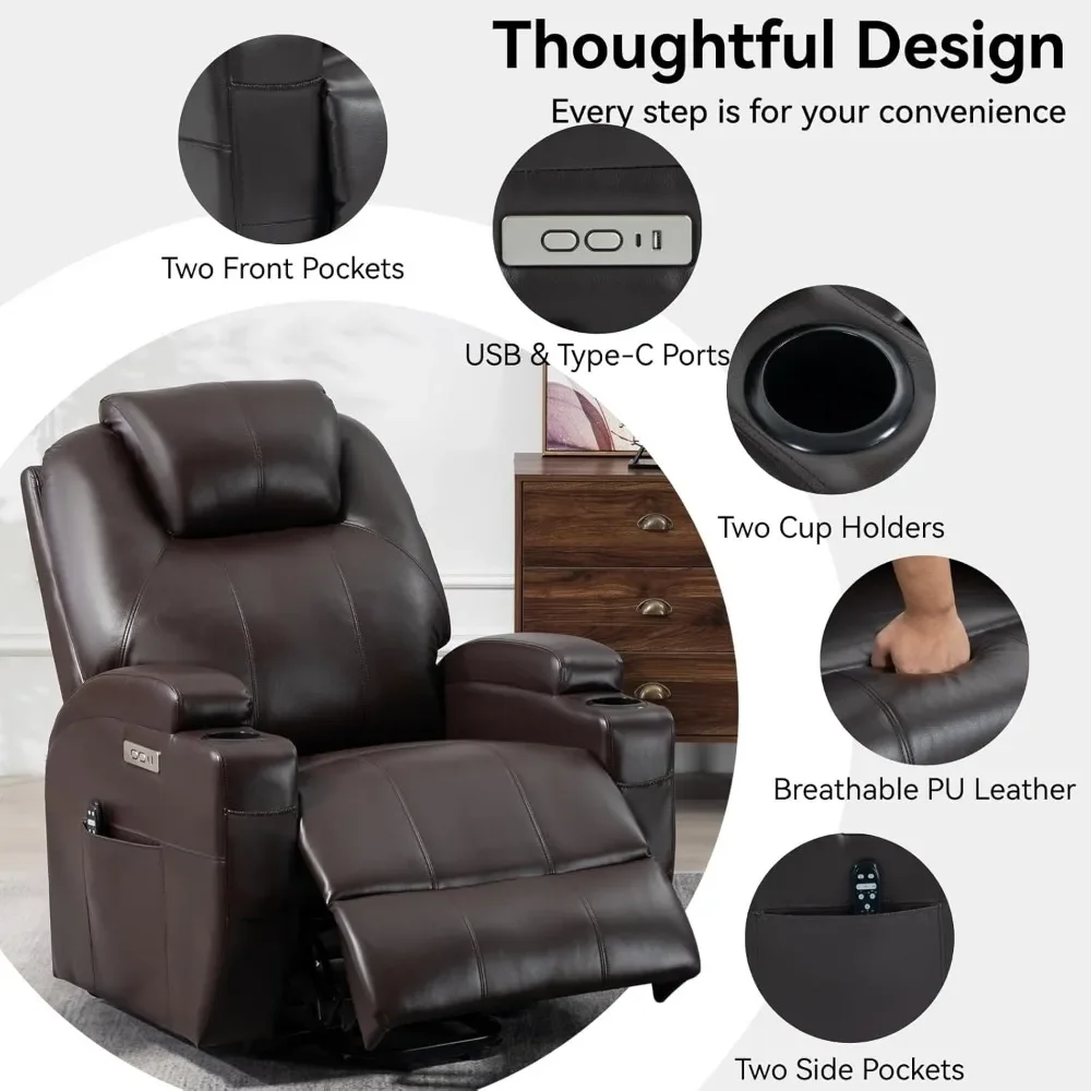 Elderly Friendly Chair with Massage and Heating Function with USB and Type-C Ports, 2 Cup Holders, Elderly Friendly Chair