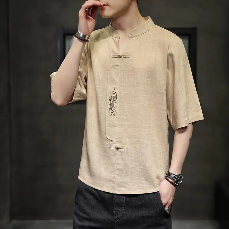 2024 Summer New Short Sleeved V-neck Half Sleeved Linen T-shirt Chinese Fashion Brand Fashion Top Loose Cotton Linen T-shirt