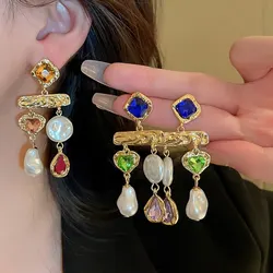 Inlaid Rhinestone Asymmetrical Pearl Earrings for Women Palace Style Retro Fringe Drop Earring Exaggerated Jewelry Wholesale K0