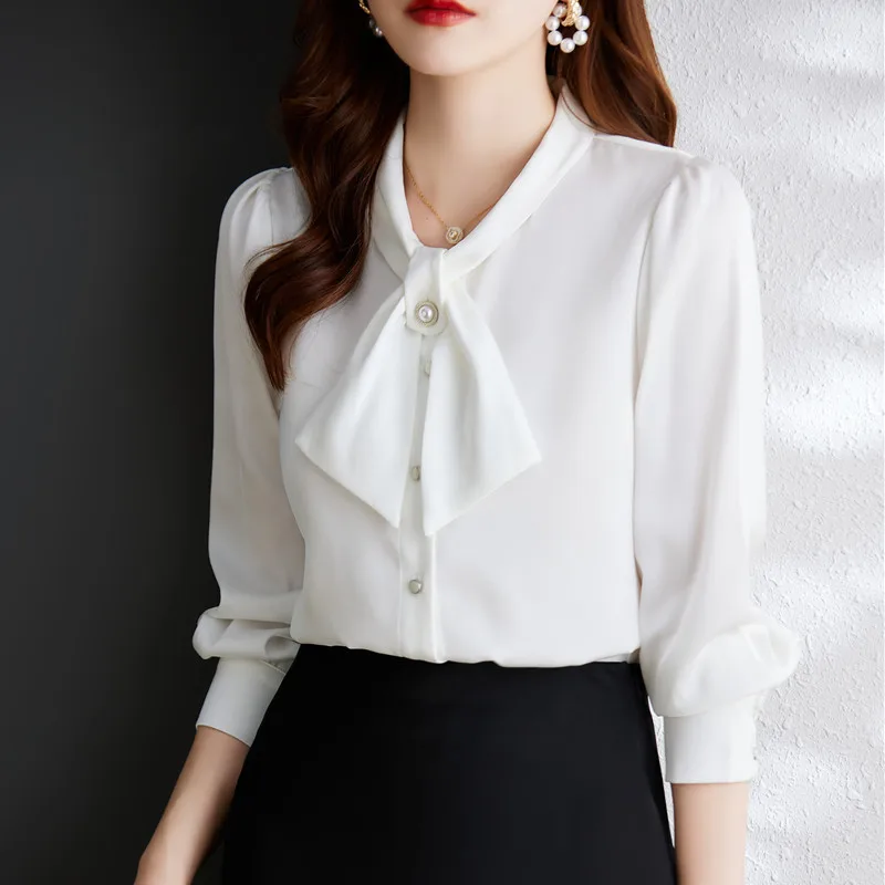 Green Aacetate Satin Shirt Women Fashion Design Bow Collar Professional Autumn New Long Sleeve Blouses Office Ladies Work Tops