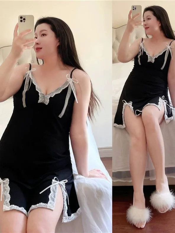 

plus Size Women's Sleepwear V-Neck Pure Color Home Clothes Lace Splicing Sleeveless Short Dress Sexy Summer Nightgown
