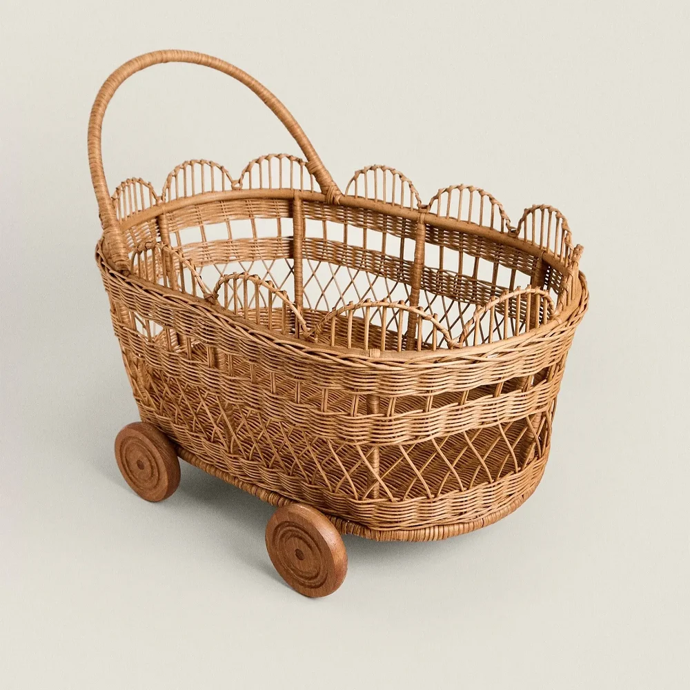 Eco-friendly Baby Palm Dolls Best Sellers Hand-woven Brown Rattan Stroller Fan Stroller Furniture