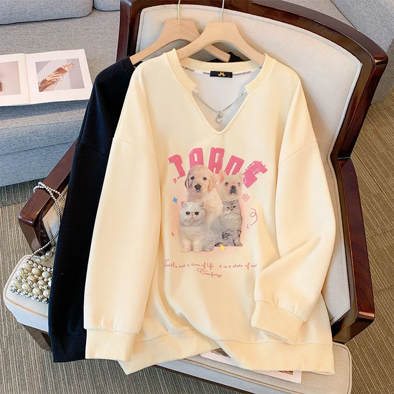 160Kg Plus Size Women's Bust 167 Autumn Cartoon Long Sleeved Neck Sweatshirt Black Apricot 6XL 7XL 8XL 9XL 10XL