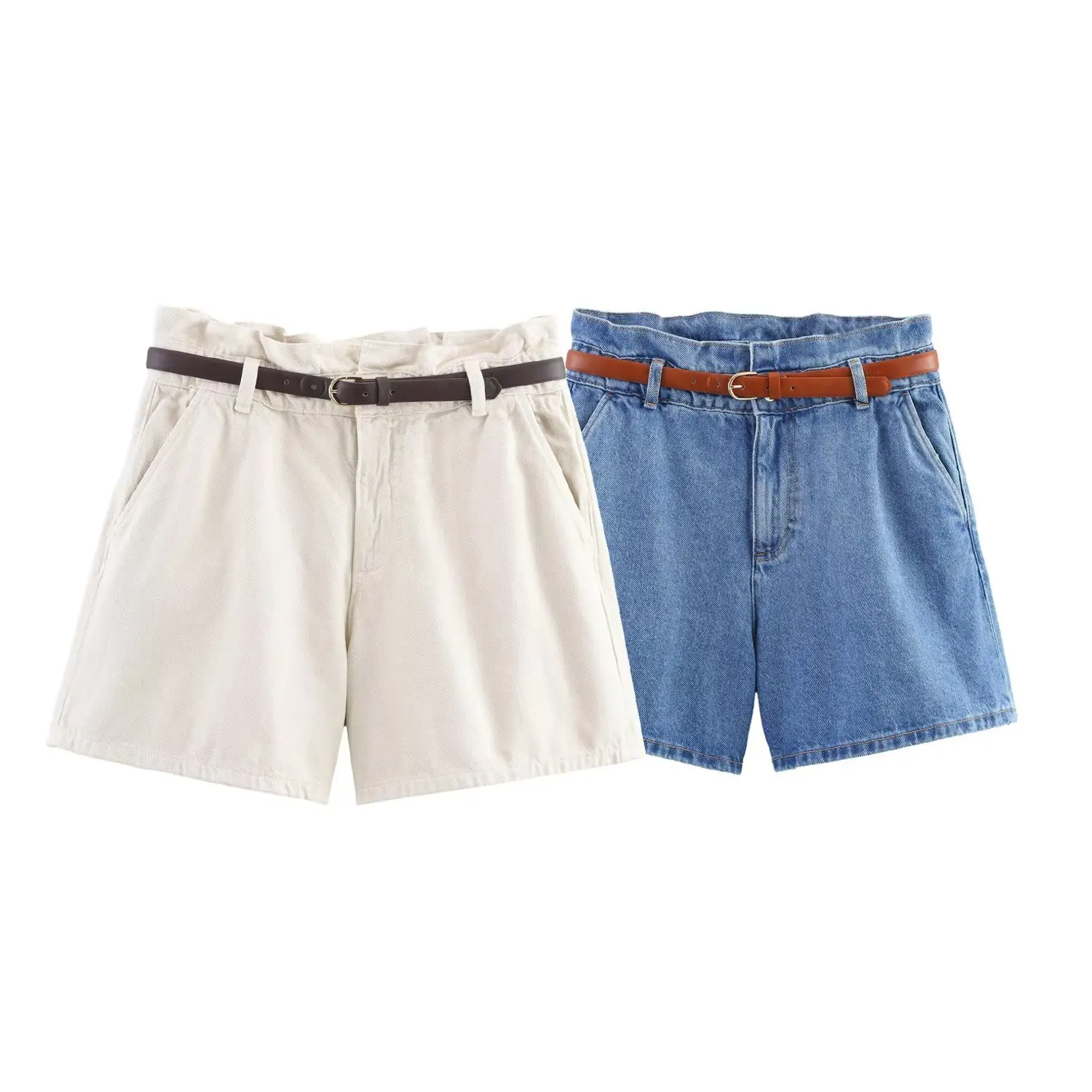 

ZBZR Spring New Faion High Waist Paper Bag Sle Casual Denim orts Women's Apparel Leisure Polyester Fiber 8228028
