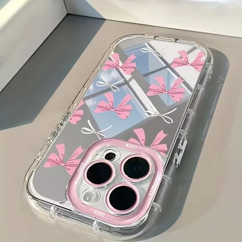INS Koreanische Einfache Blau-Rosa Schleife Mädchen Spiegel Niedliche Handyhülle für iPhone 17 16 15 Pro Max 14 13 12 11 XS XR X 7 8 Plus TPU Hülle – Detail 5