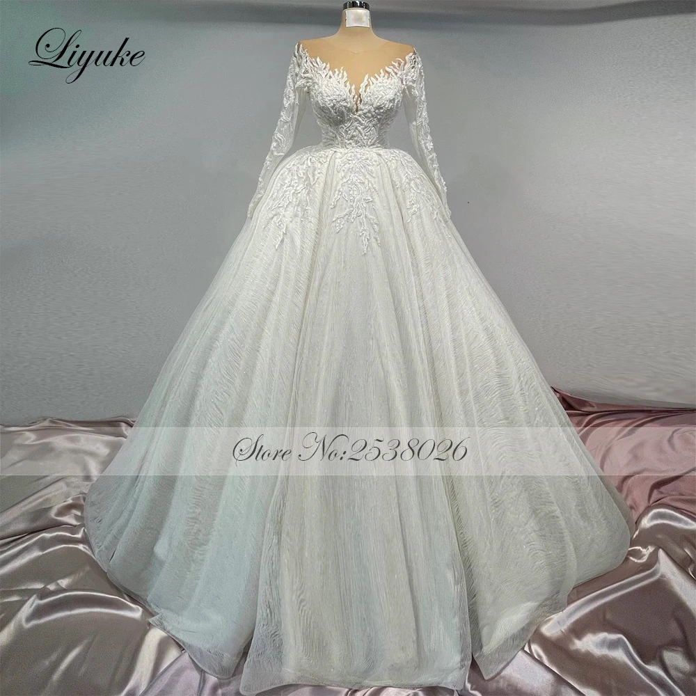 Liyuke Elegance Illusion Neck A-Line Wedding Dress  Beading Pearl Lace Vestido De Noiva Full Sleeves Bride Gowns