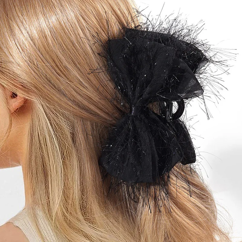 Large Bright Silk Fringe Bow Hair Claw Barrettes Flower Bowknot Ponytail Hairpin Hair Crabs Clip Ladies Fashion Hair Accessories