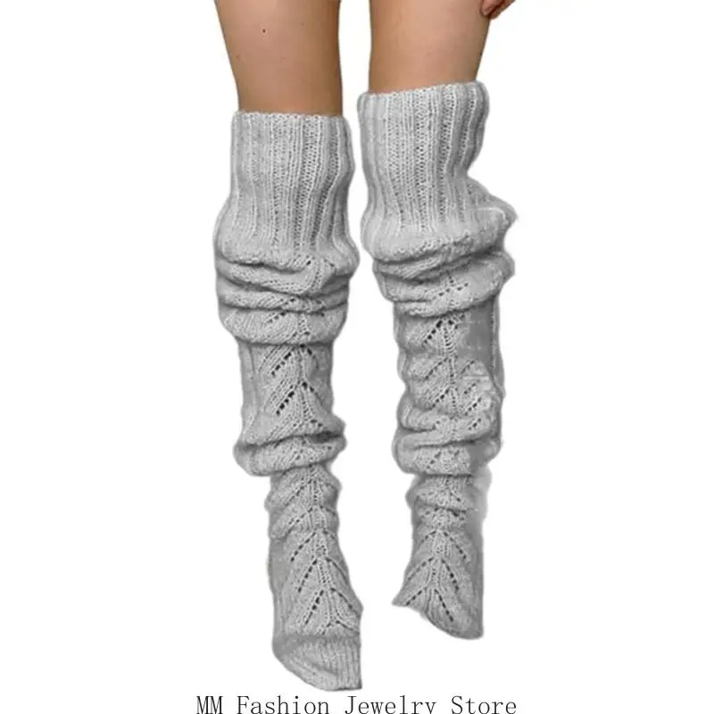 

D0UB Women Solid Color Knitted Thigh High Stockings with Hollowed Out Mesh Designs Stretchy Over Knee Long Socks Leg Warmers