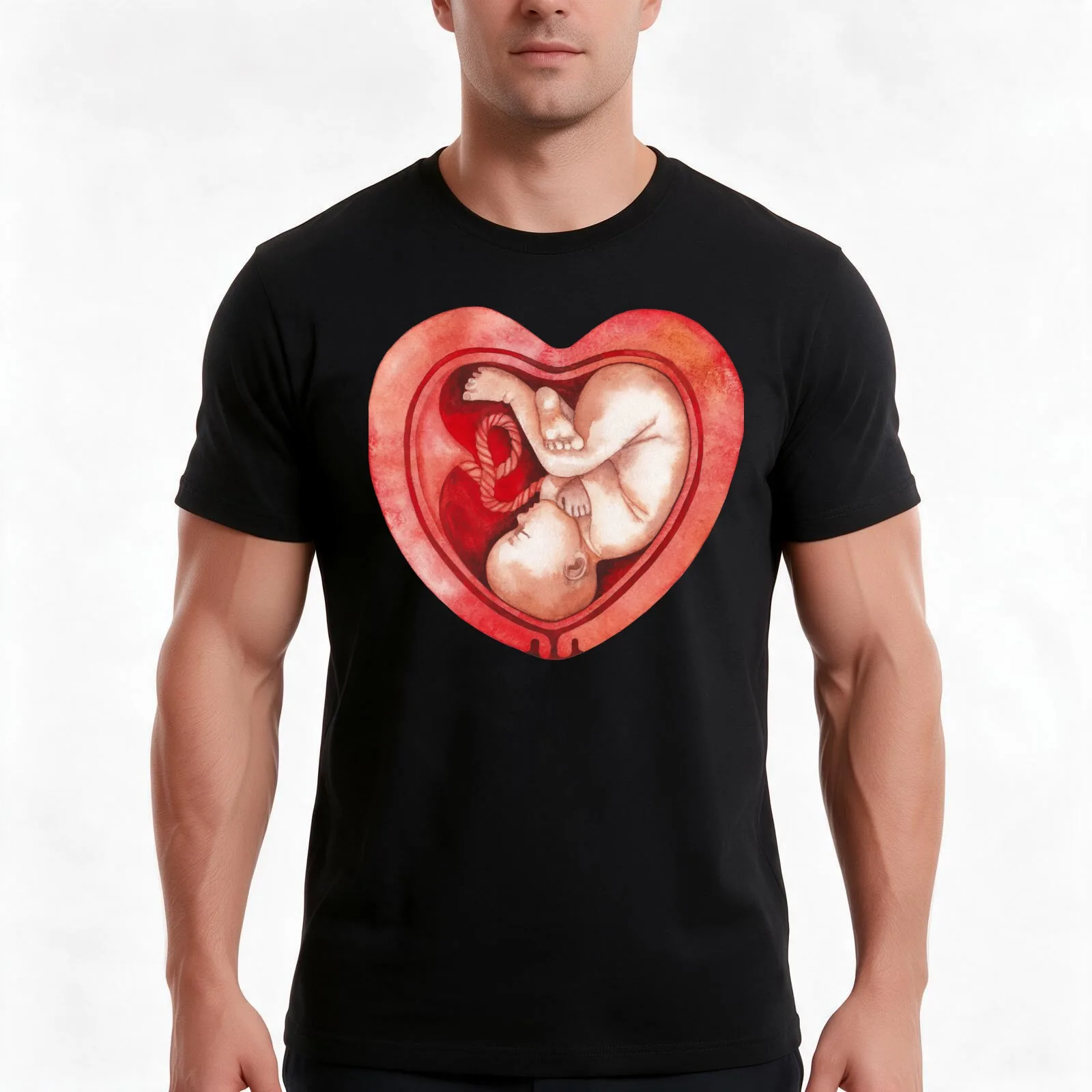 Watercolor fetus inside the heart shaped womb T-Shirt, Summer Casual Cotton Tee, Oversized Streetwear Tops, Unisex Men Women