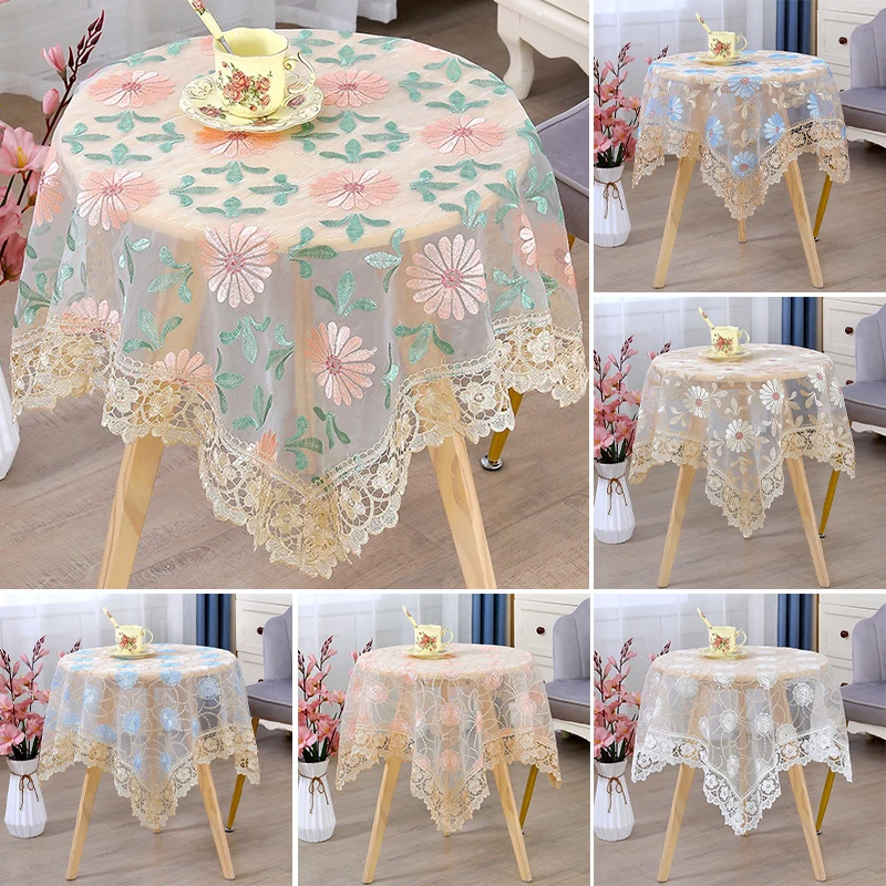 European Romantic Lace Tablecloth Transparent Rose Embroidery Round Square Dustproof Cover Soft Yarn Fabric Home Dining Decor