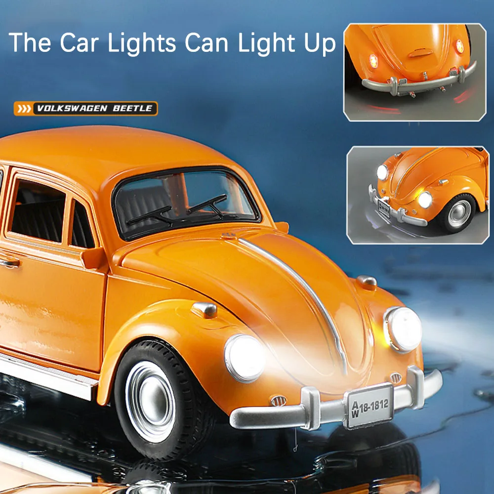 1:18 Scale Beetle 1955 Model Toy Cars Alloy Diecasting Doors Opened Sound Light Pull Back Miniature Vehicles for Children Gifts