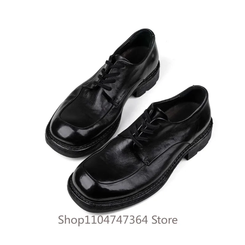 Handmade Vintage Washed Genuine Leather Men Shoes Black Round Toe Lace‑Up Thick Sole Casual Business Derby Oxford Shoes Male