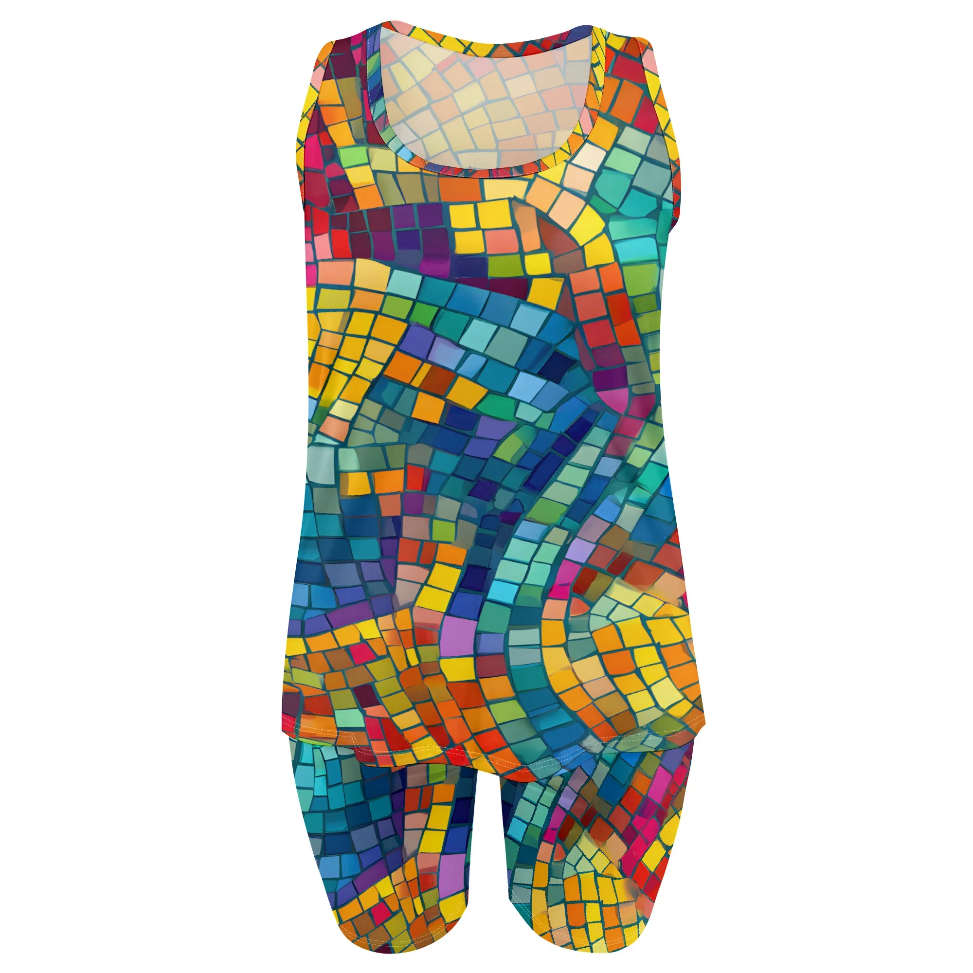 Colorful Mosaic Print Set, Vibrant Geometric Pattern Outfit, Abstract Tile Design Suit, Summer Casual Wear, S-2XL