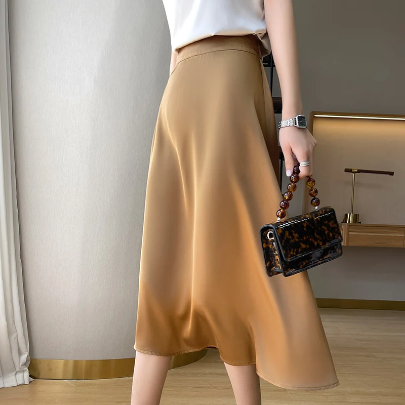 Gonna longuette a trapezio in seta a vita alta Capispalla in puro colore da donna a vita alta in seta Fasion Trend estivo 2025