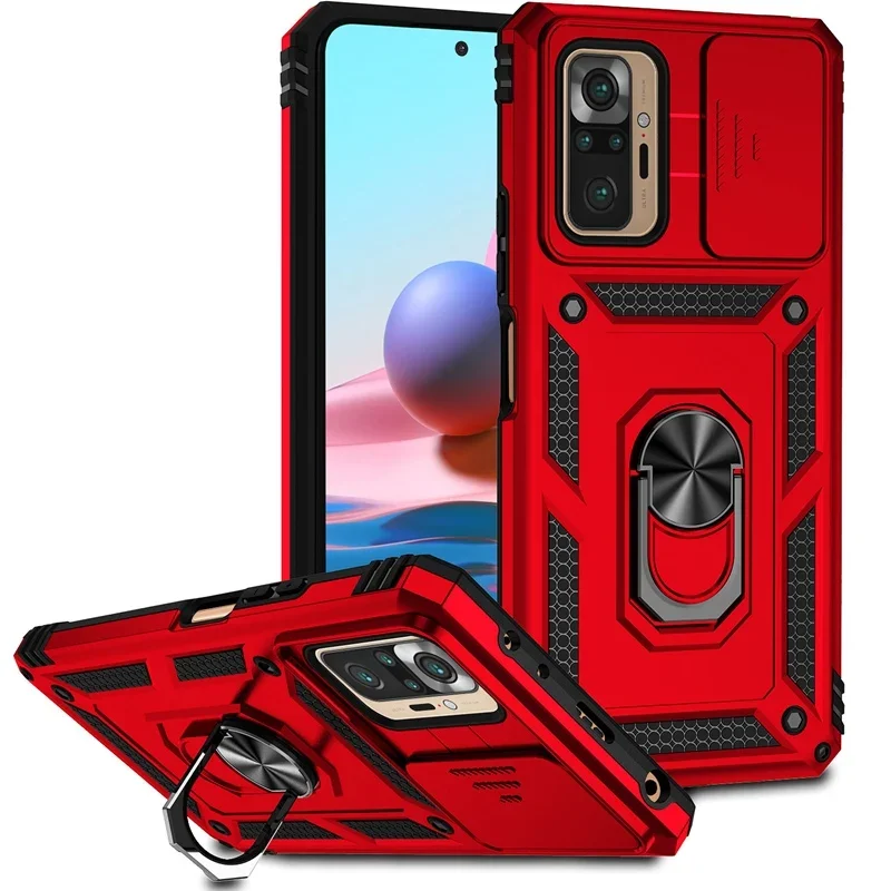 Slide Camera Bescherming Case Voor Xiaomi Redmi Note 10 Pro Max Note10 Note 10S 10S Redmi 10 2022 10C 10A Ring Stand Armor Cover