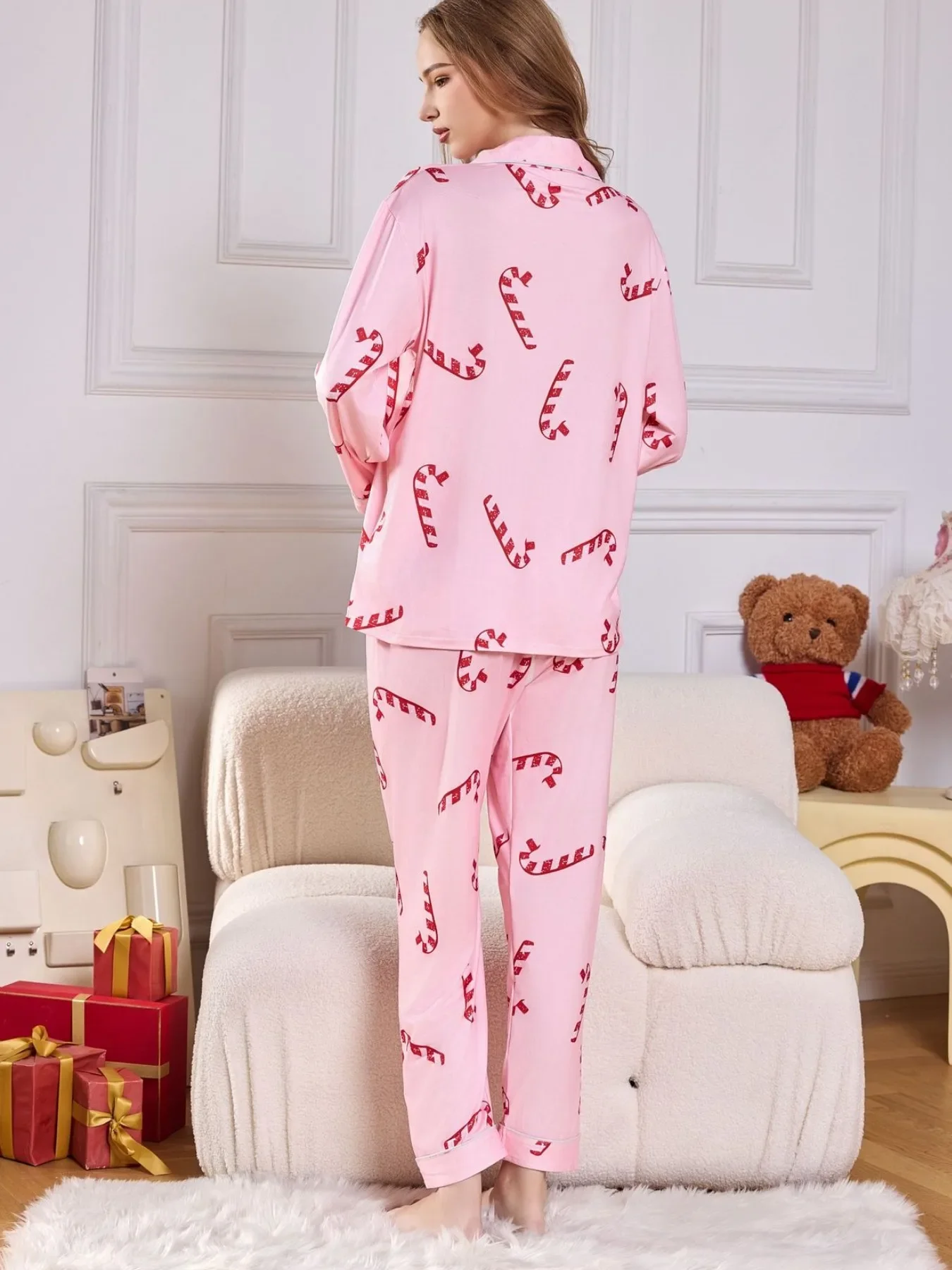 Autumn Winter Christmas Pajamas Set for Women Sleepwear Long Sleeve Red Cardigan Shirt with Long Pants Two Piece Pijamas Sets