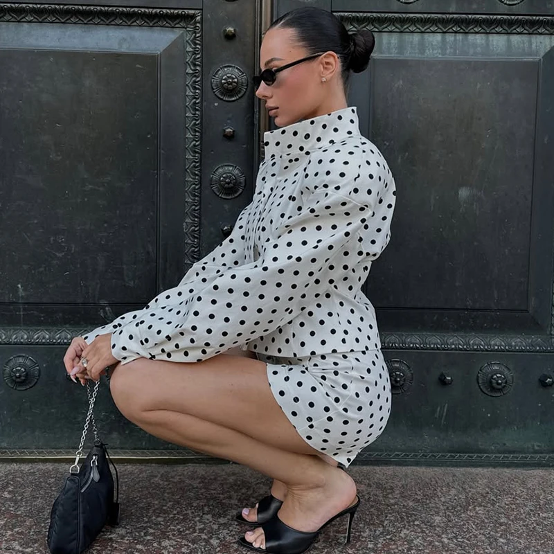 Tornova Fashion 2 Piece-Set Shorts For Women Commute Polka Dots Print Long Sleeve Shirt Coat Female Shorts Casual Outfits Summer - Image 4