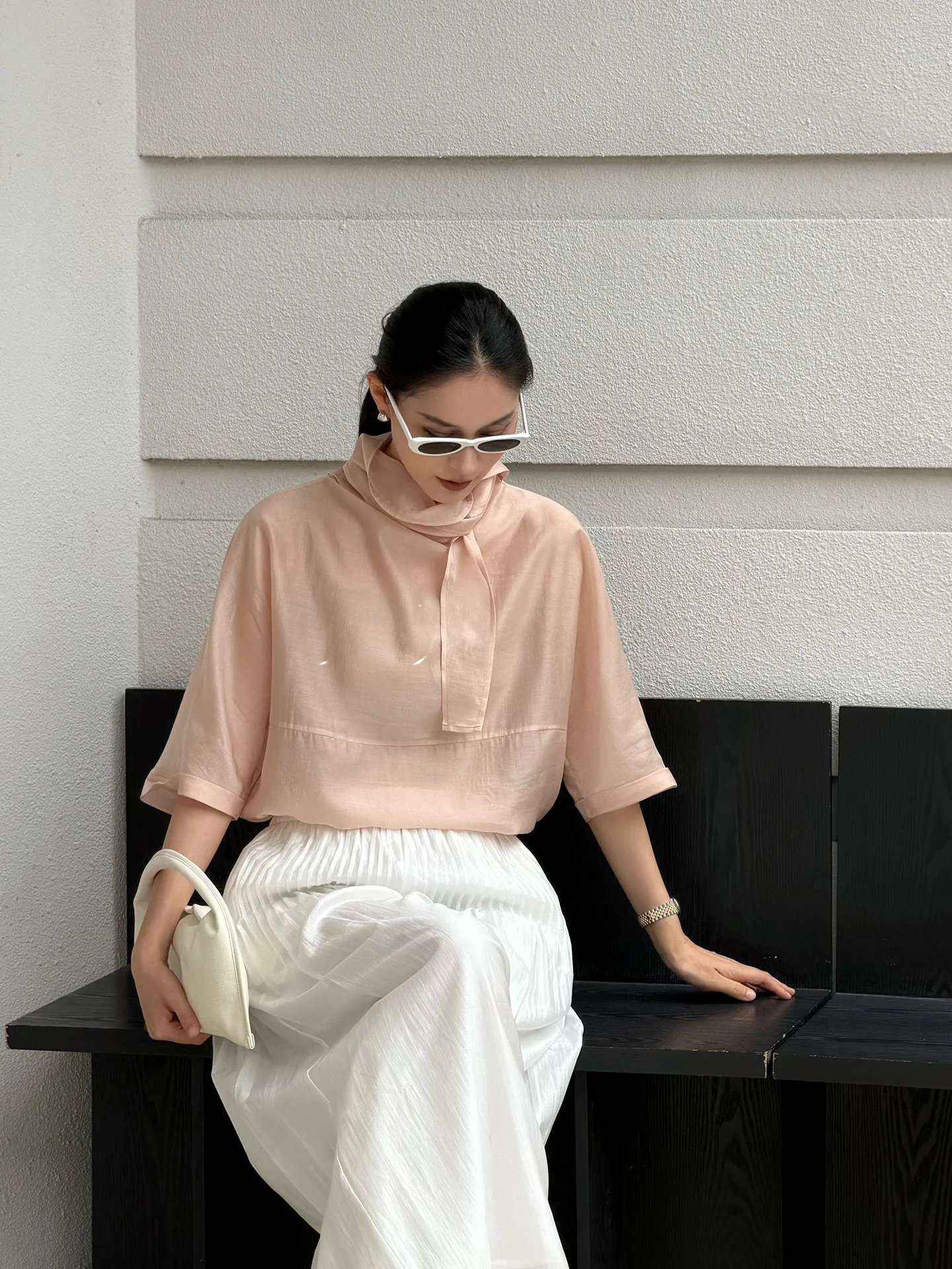 

Ретро-блузка из шелковой смеси с рукавом три четверти, розовая, универсальная, повседневная, свободного кроя, с длинным воротником-рубашкой, весна-лето, женская