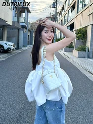 Fashion French Style White Shirt Fluffy Suspender Vest Women's Tops Summer Sweet Cute Solid Color Simple Sleeveless Top Blouse